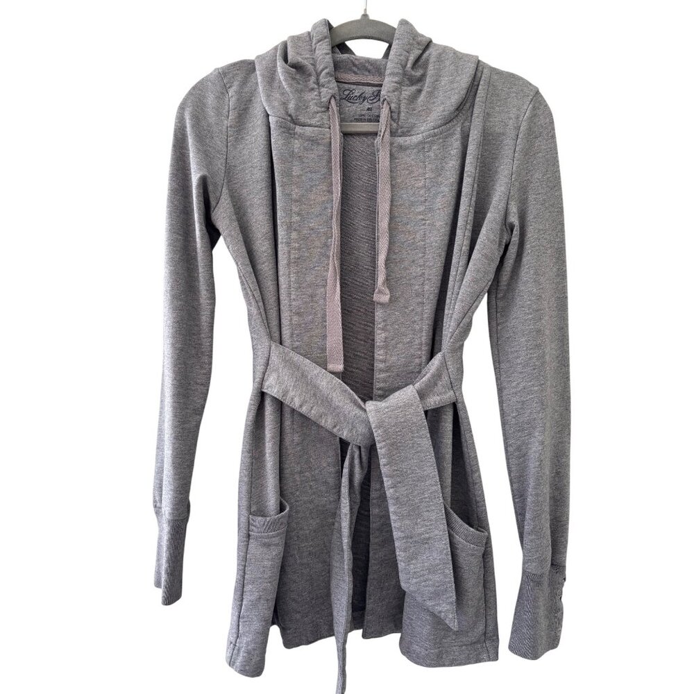 Lucky Brand Cozy Grey Hooded Wrap Cardigan With Tie Waist & Side Pockets